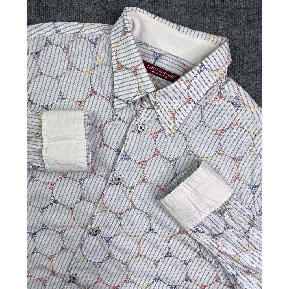 Andrea Palombini Shirt Dress Men's XXXL Cuffed Sleeve Polka Dots Striped Button